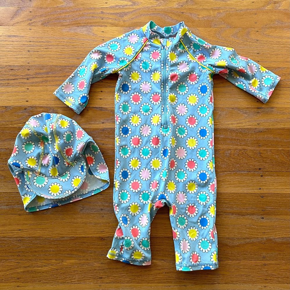 Baby Boden Daisy Rash Guard Size + Sun Hat